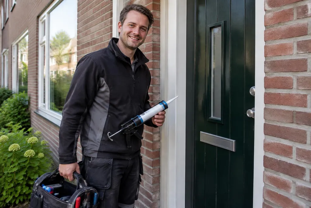 Vakman van Kitbedrijf Lelystad bij de voordeur van een woning